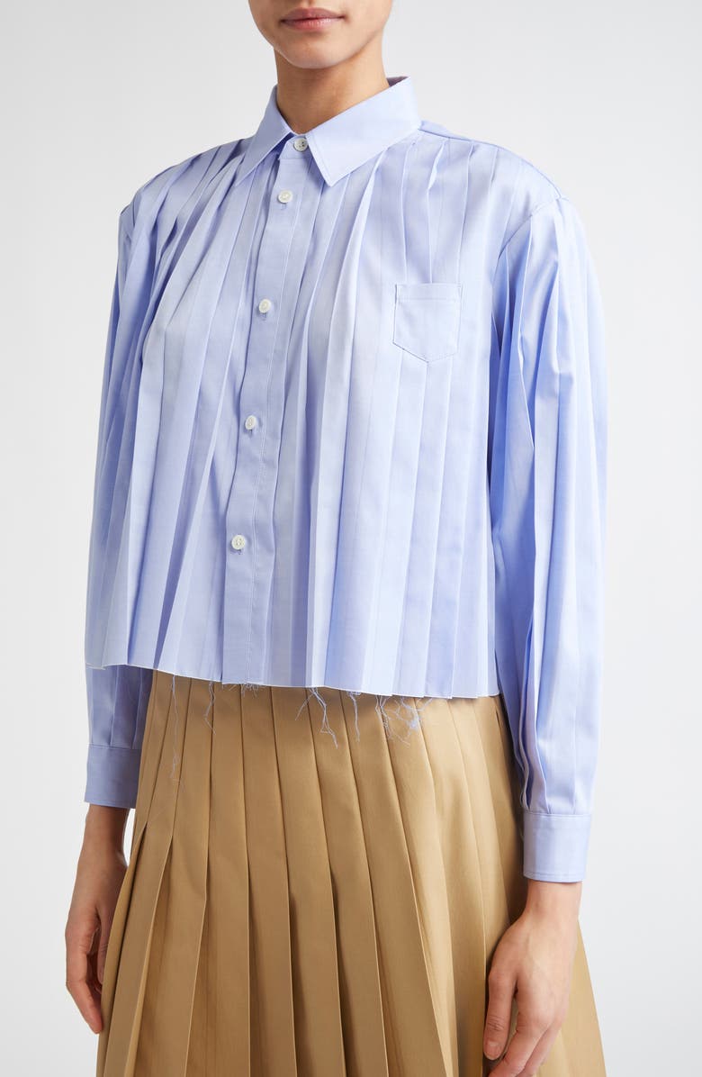 Undercover Pleated Raw Hem Crop Button-Up Shirt, Alternate, color, 
