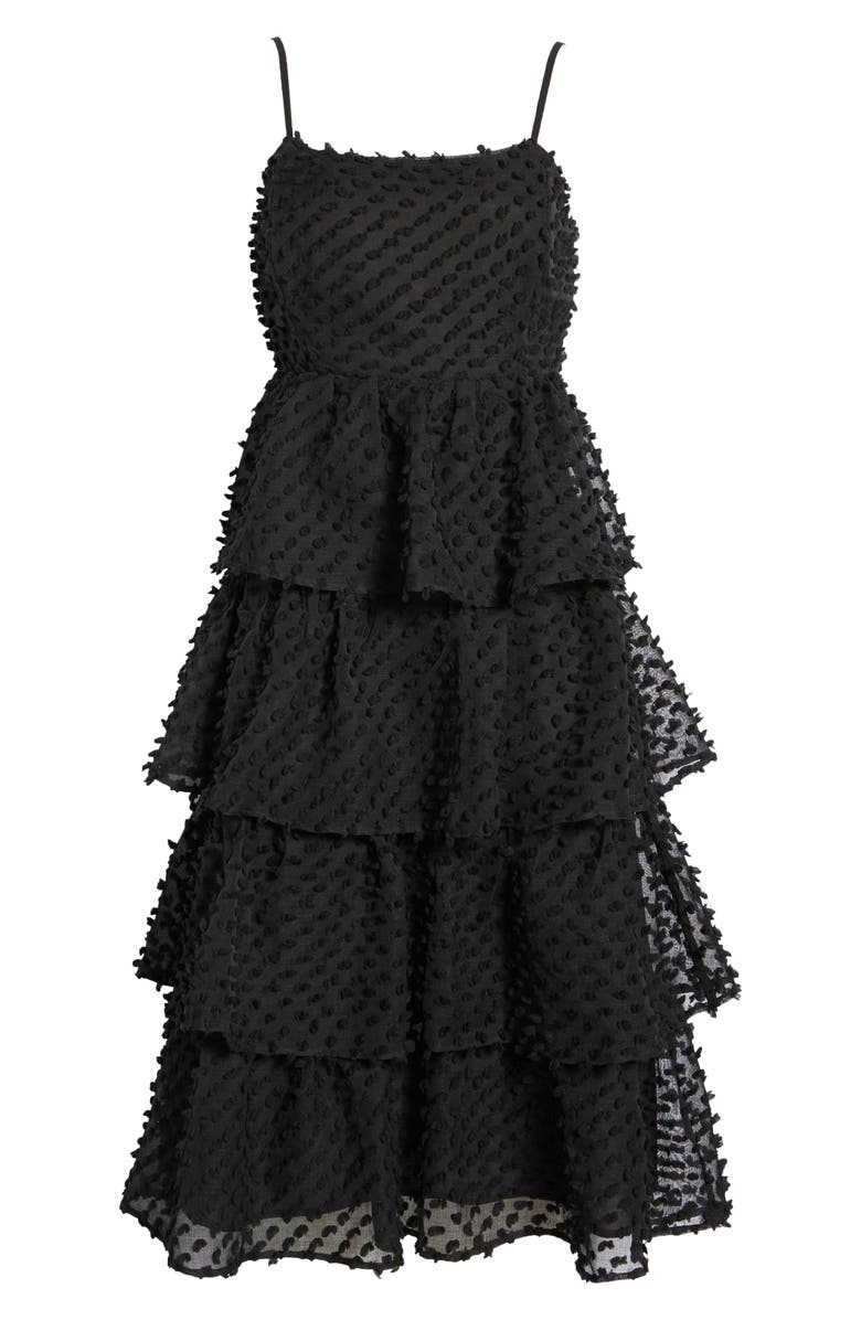 Lulus Flirting with You Pompom Tiered Ruffle Cotton Blend Dress, Alternate, color,