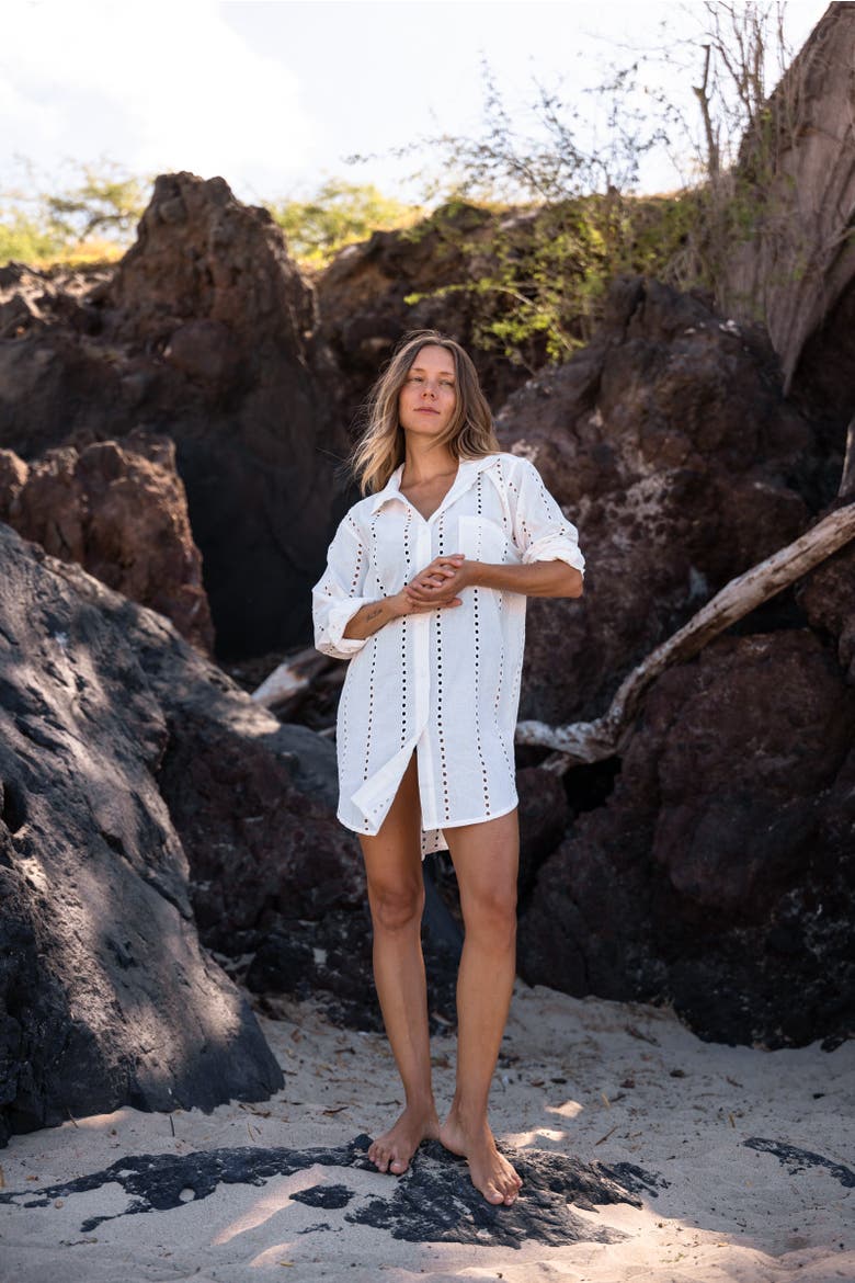 Positano Eyelet Shirt Dress Cover-up, Alternate, color, White