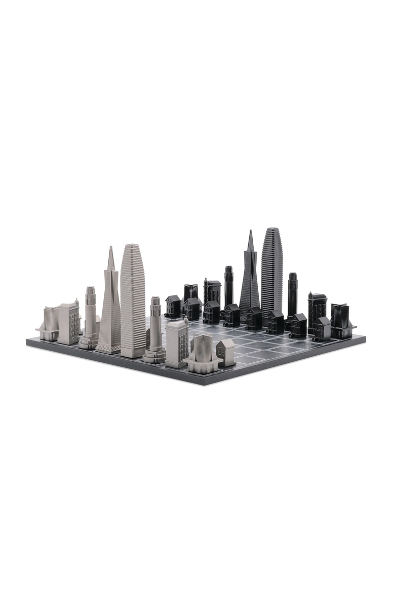 SKYLINE CHESS Chess Set Stainless Steel San Francisco with Wood Map Board, Main, color, Black
