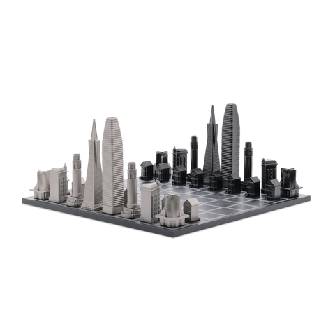 Chess Set Stainless Steel San Francisco with Wood Map Board