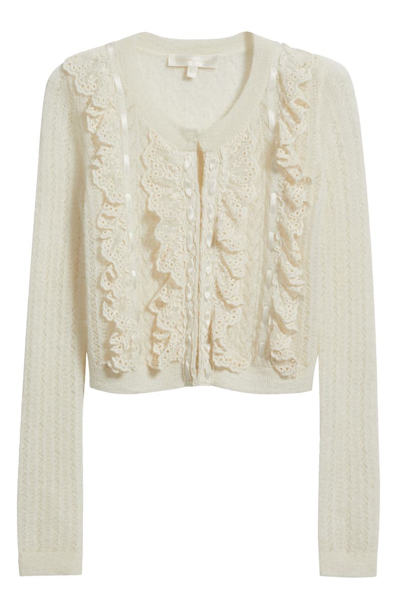 LoveShackFancy Kids' Kenna Pointelle Ruffle Accent Alpaca & Wool Blend Cardigan, Main, color, Aspen White