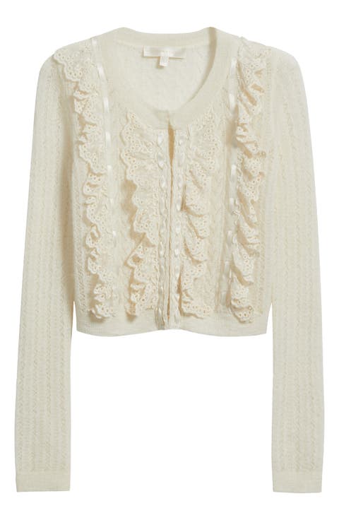 Kids' Kenna Pointelle Ruffle Accent Alpaca & Wool Blend Cardigan (Big Kid)