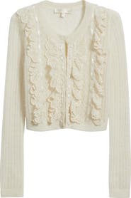 LoveShackFancy Kids' Kena Pointelle Ruffle Accent Alpaca & Wool Blend Cardigan
