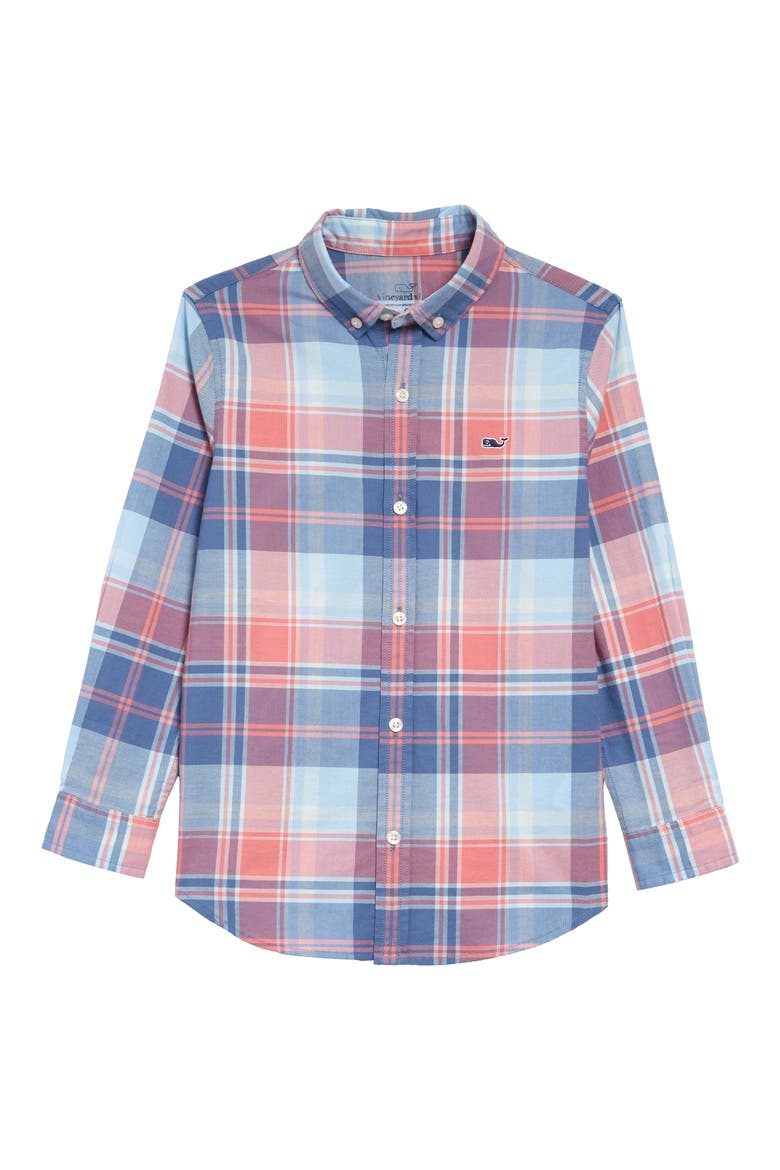 Bimini Island Madras Plaid Whale Button-Down Shirt, Main, color, JETTY RED