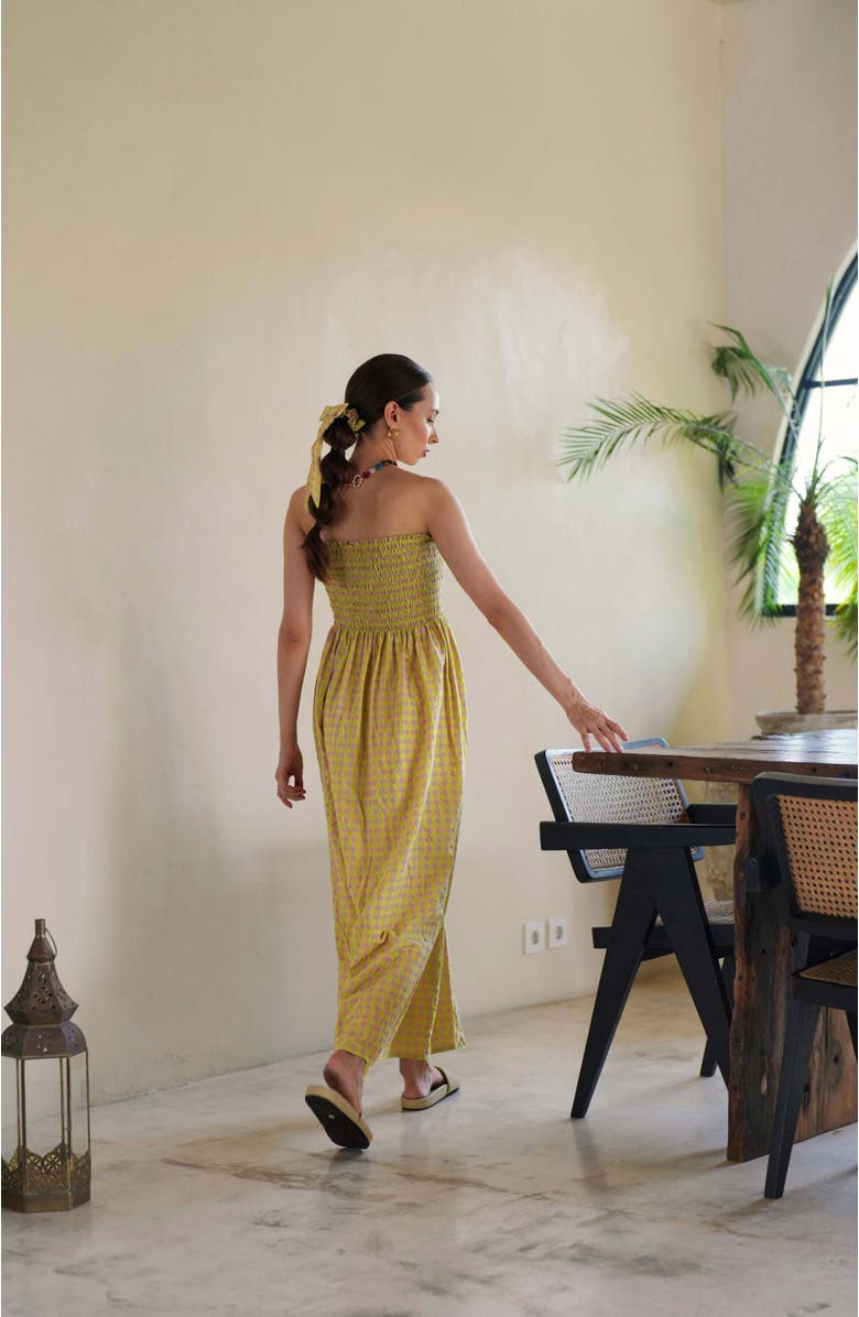 PINK HALEY Ava Strapless Crinkle Gingham Dress in Lemonade, Alternate, color, Yellow