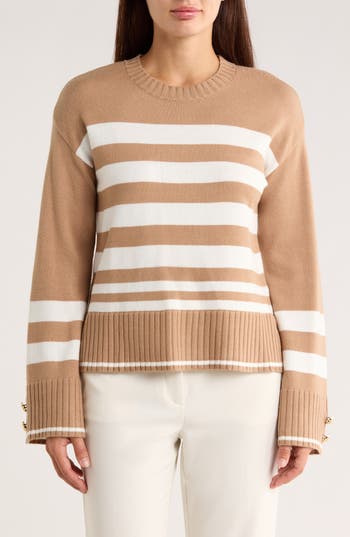 Ellen Tracy Stripe Crewneck Sweater In Brown