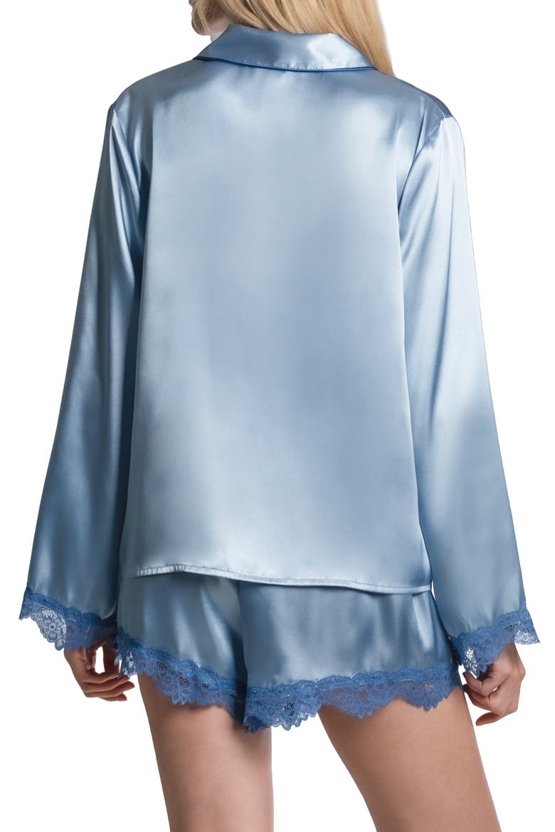 Felicity Lace Trim Long Sleeve Satin Shorts Pajamas, Alternate, color, CHAMBRAY
