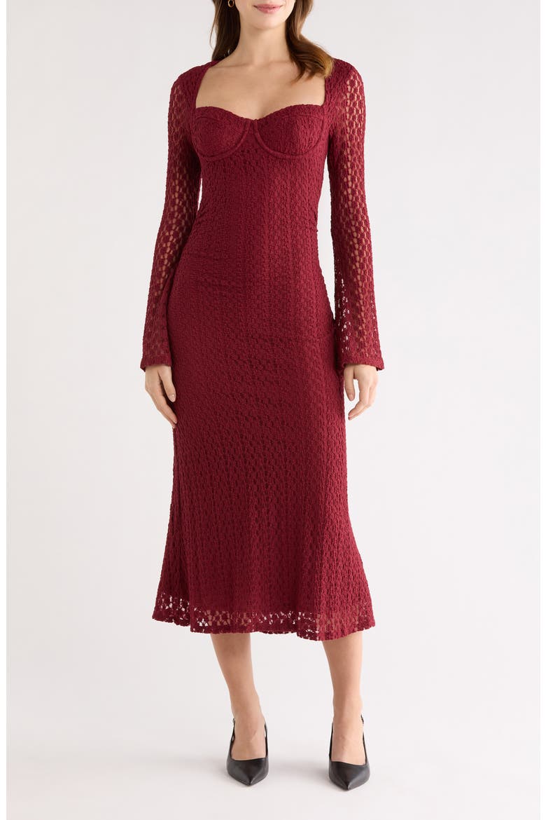 Tamia Long Sleeve Lace Midi Dress, Main, color, WINE