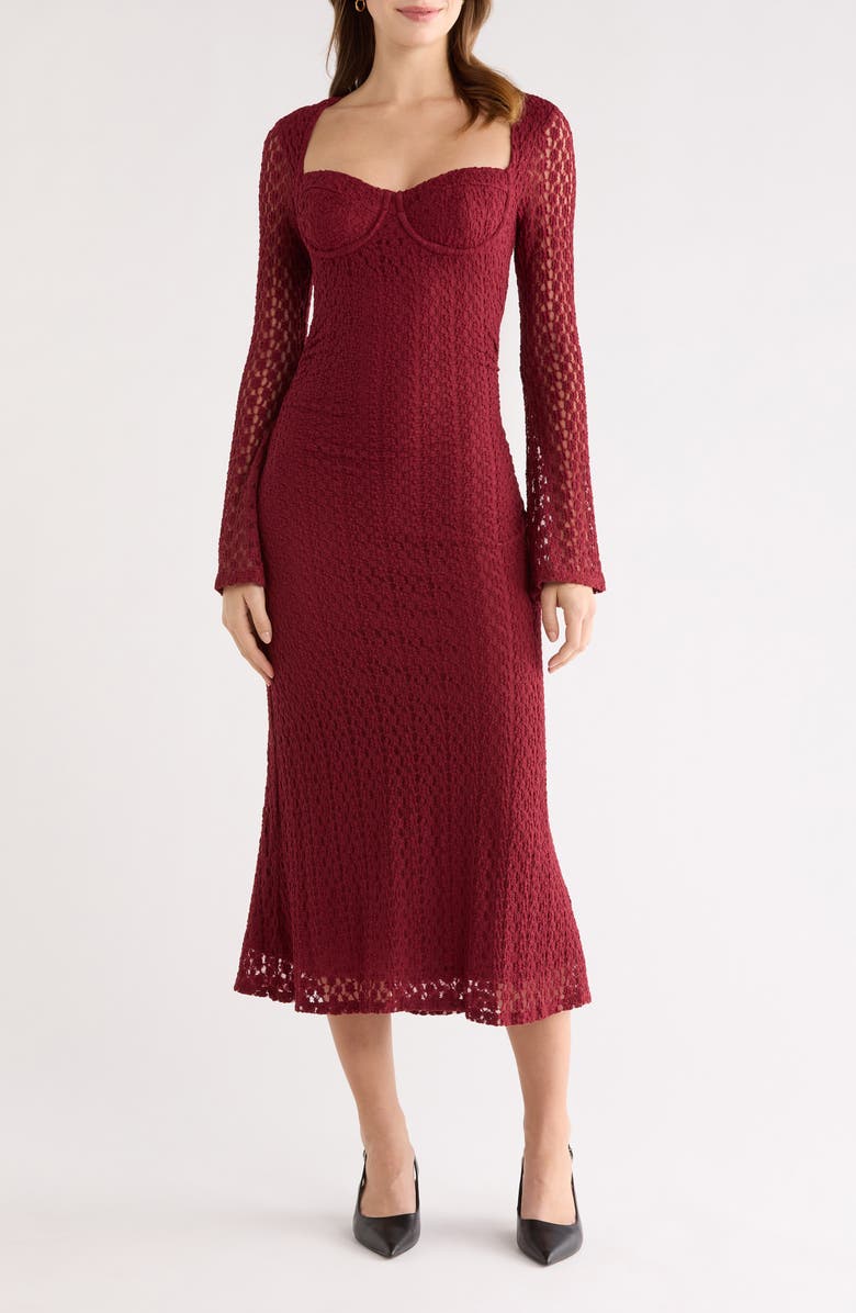 ASTR the Label Tamia Long Sleeve Lace Midi Dress, Main, color, Wine