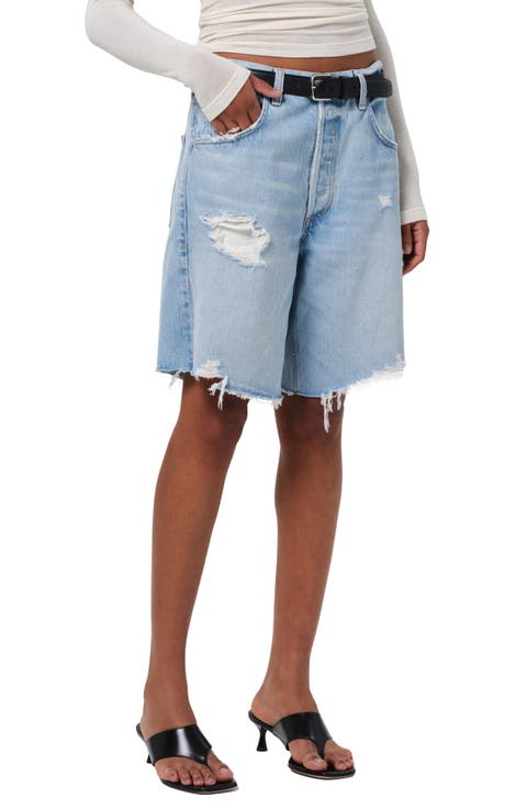 Ayla Frayed Baggy Long Denim Shorts (Pagoda)
