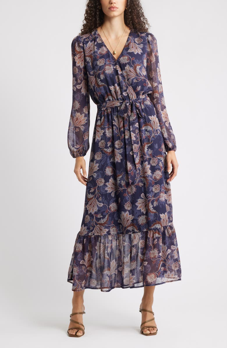 Chelsea28 Long Sleeve Faux Wrap Dress, Main, color, Navy Shayna Floral
