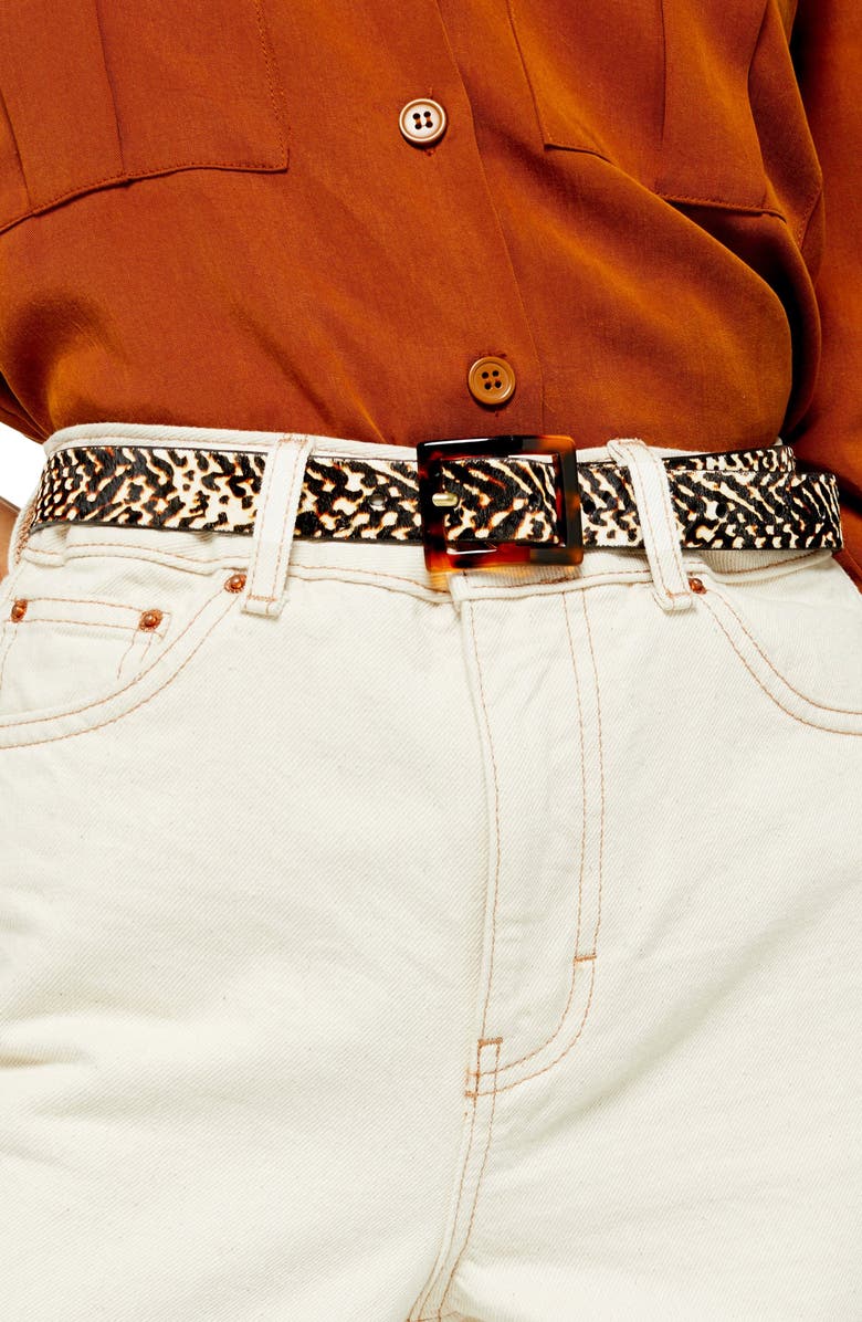 Topshop Tiger Tortiseshell Buckle Genuine Calf Hair Belt, Alternate, color, 