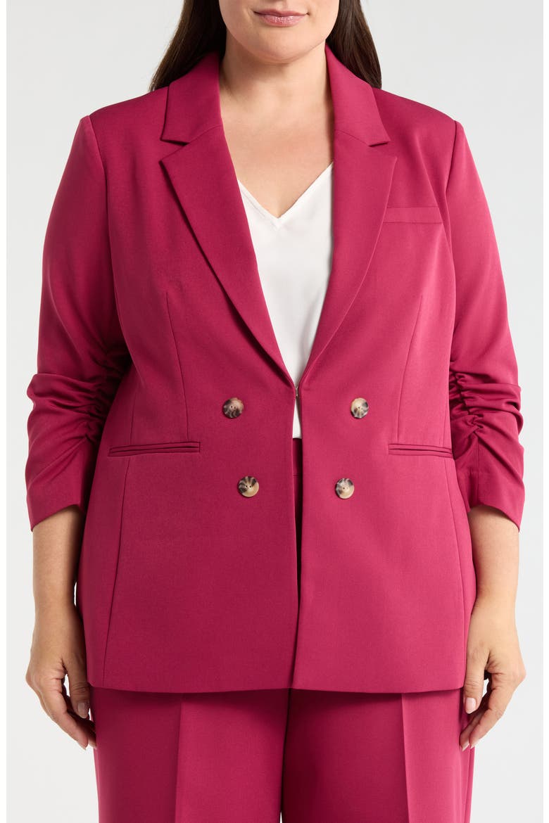 Ruched Sleeve Faux Double Breasted Blazer, Alternate, color, BERRY BLISS