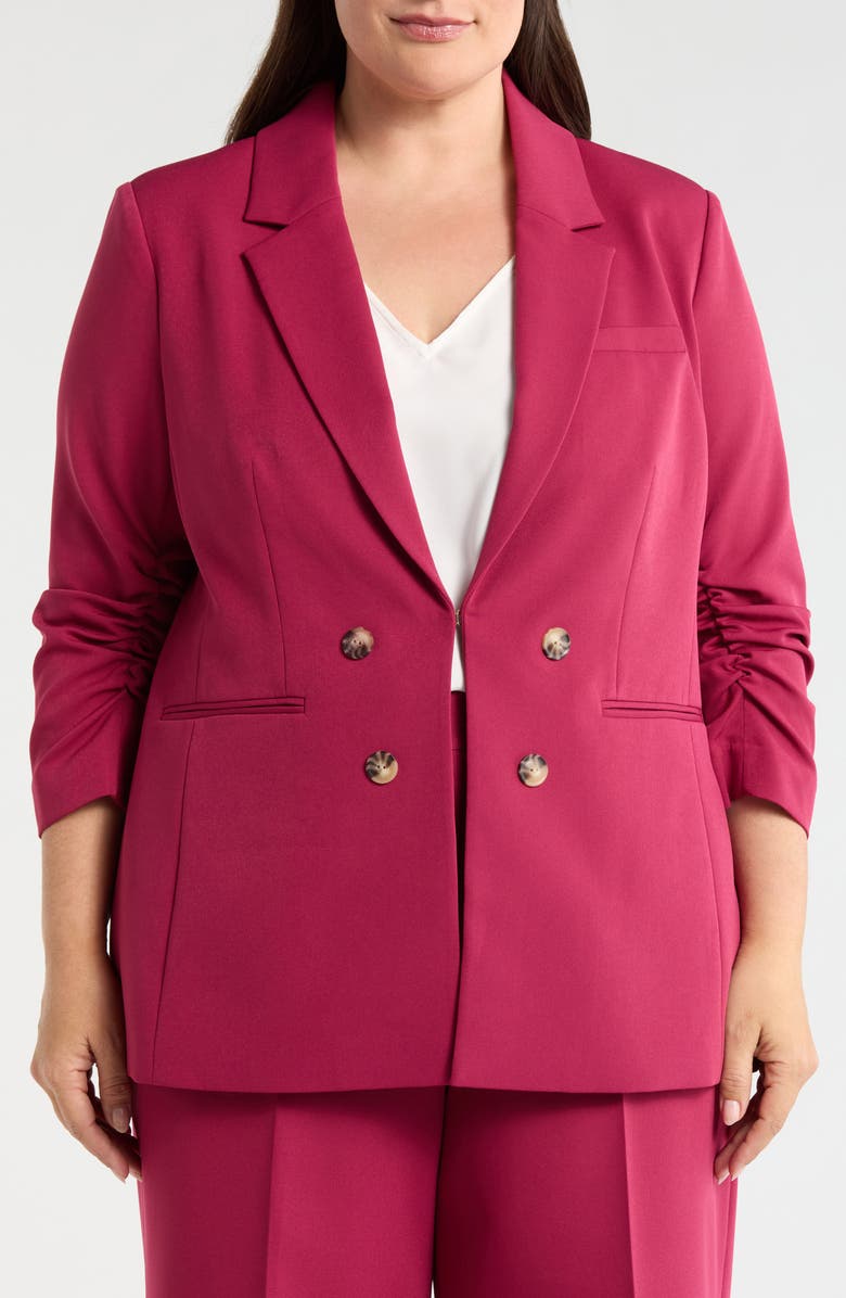 Tahari ASL Ruched Sleeve Faux Double Breasted Blazer, Alternate, color, Berry Bliss