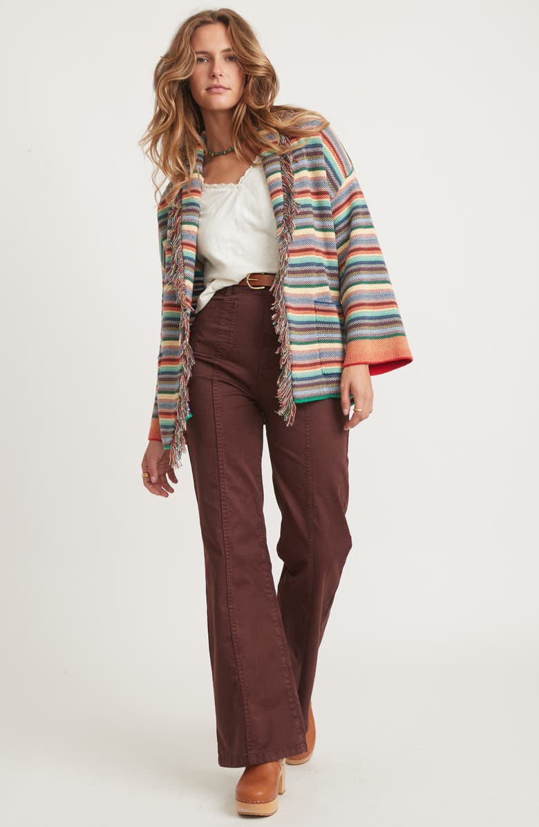 Marine Layer Alamere Fringe Tie Waist Organic Cotton Blend Cardigan, Alternate, color, Multi Stripe