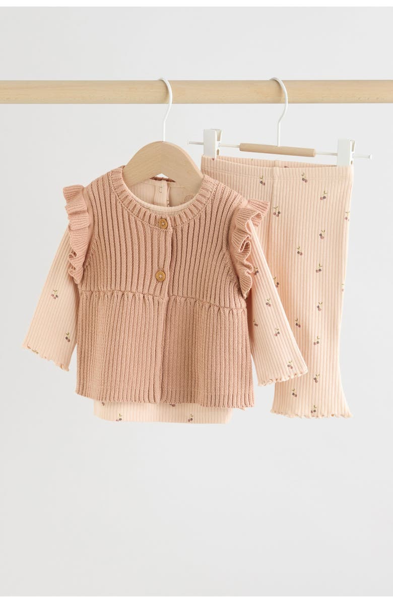 NEXT Kids' Ruffle Vest, Rib T-Shirt & Leggings Set, Alternate, color, Rust Brown