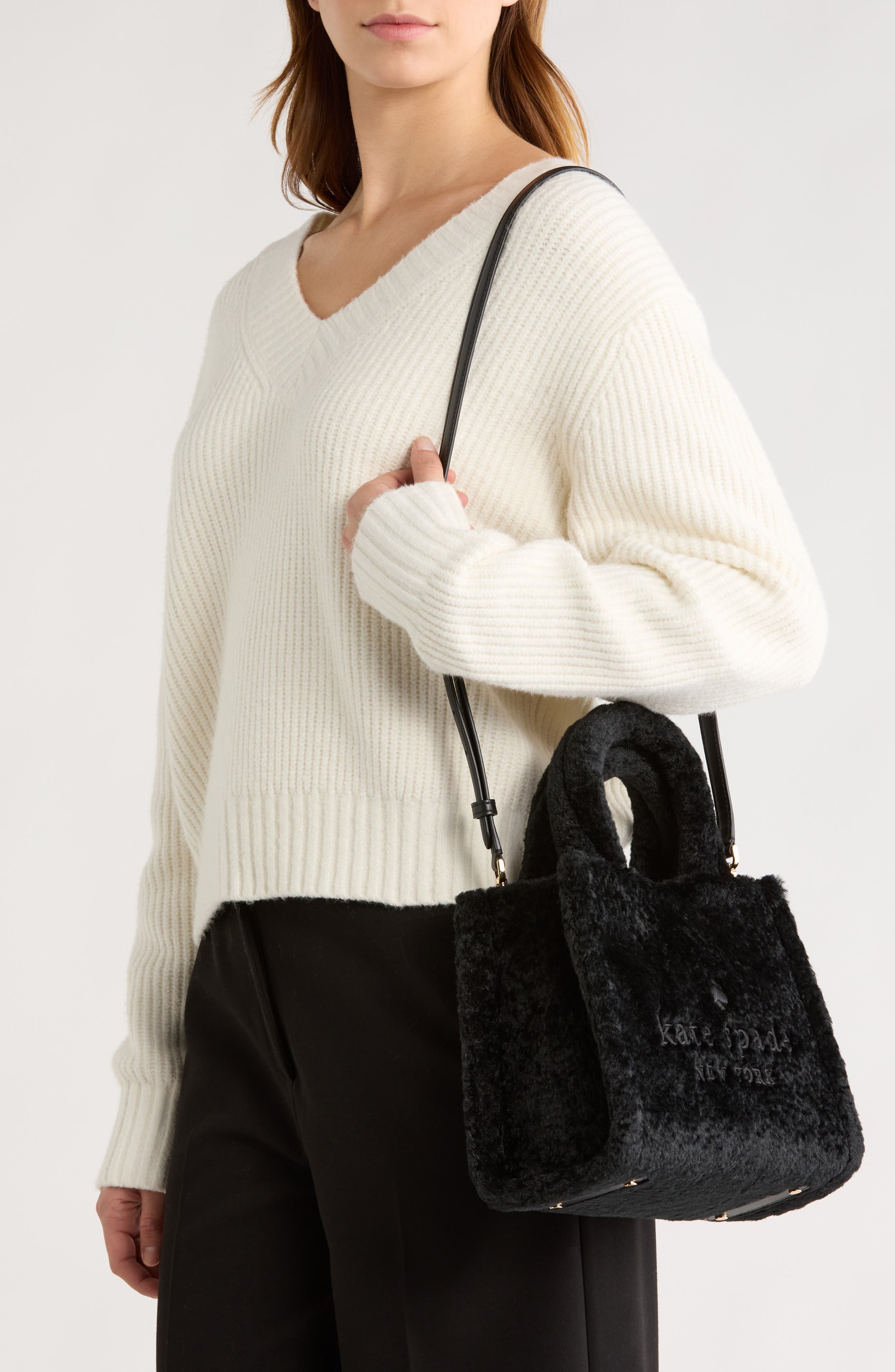 Kate Spade New York ellie faux fur small tote bag, Alternate, color, Black