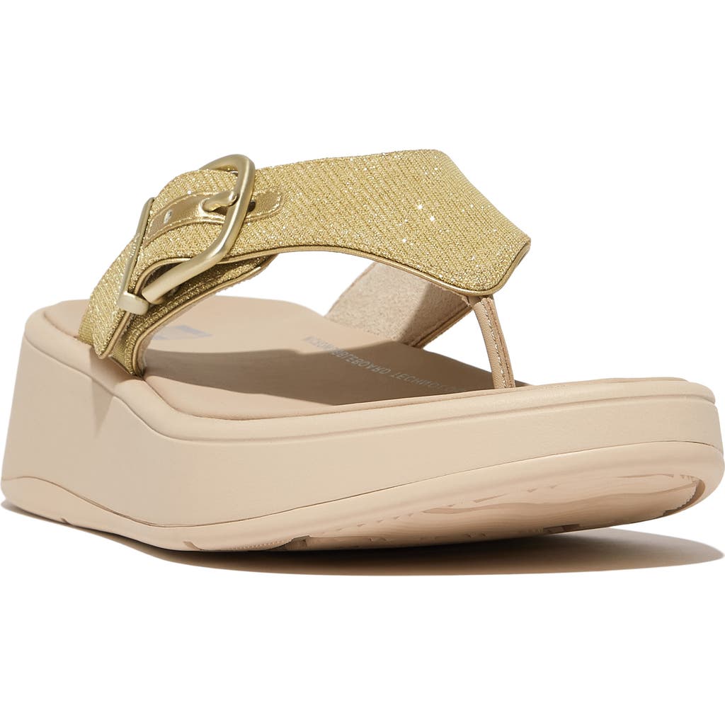 Fitflop F-mode Buckle Shimmerlux Platform Wedge Flip Flop In Platino