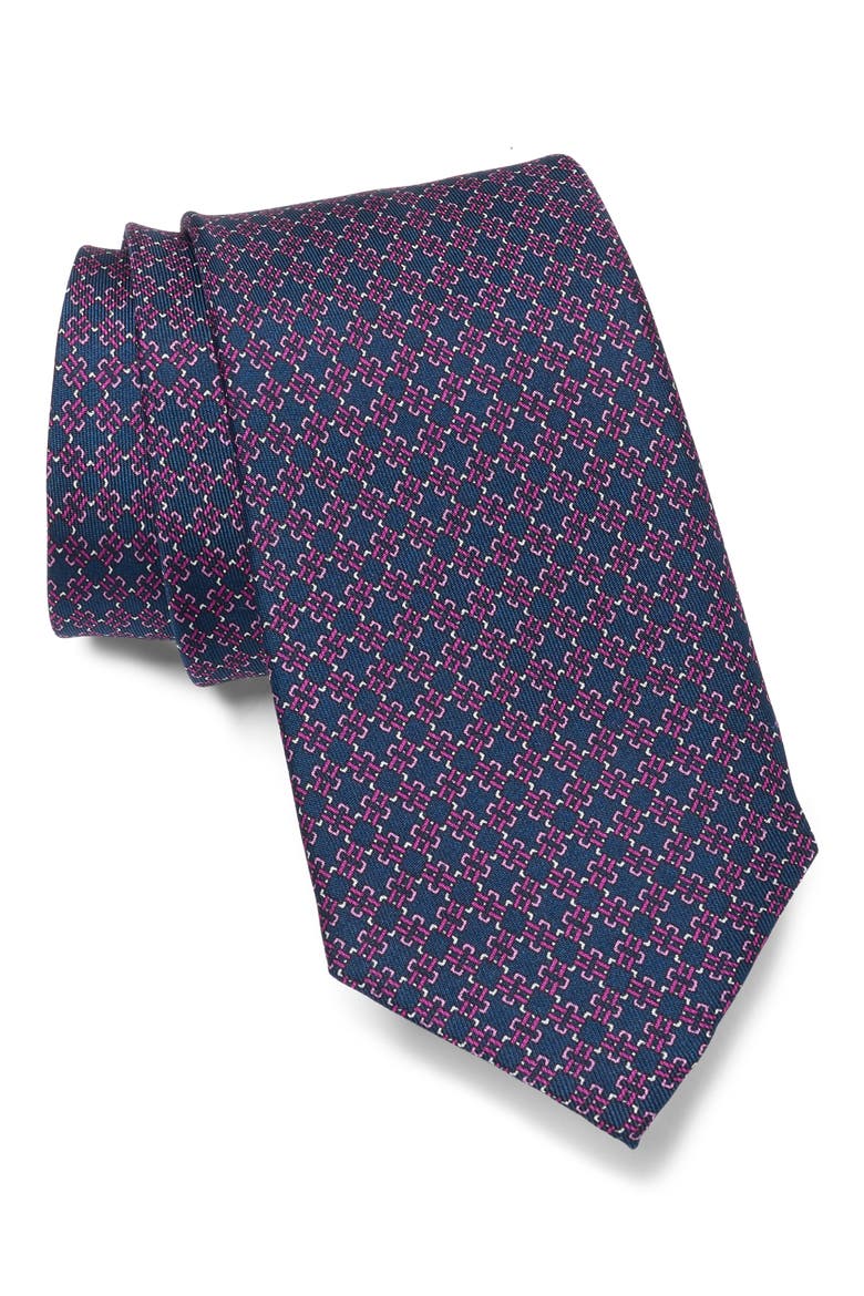 Fret & Square Silk Tie, Main, color, BERRY