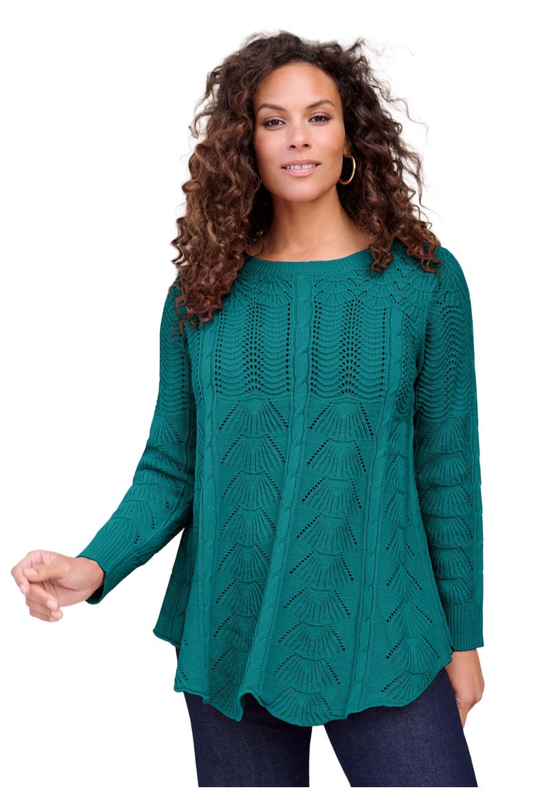 Scallop Hem Pointelle Sweater, Main, color, TROPICAL TEAL