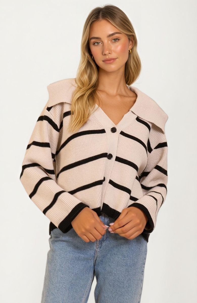 Knit and Lounge Striped Knit Wide Collar Contrast Trim Cardigan, Main, color, 