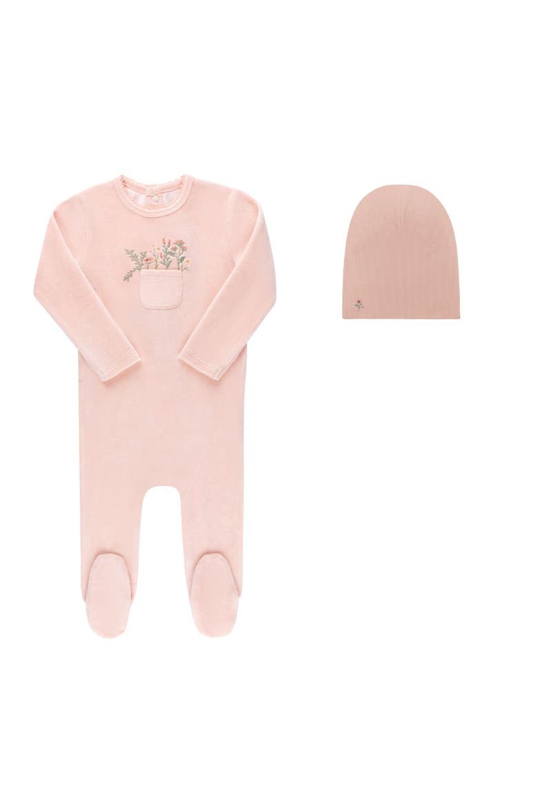 Velour Pocket Full of Flowers Collection - Footie + Cotton Beanie, Main, color, Pink