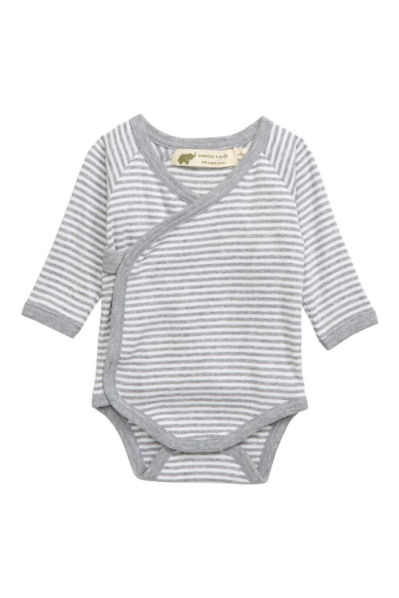 Lucky Organic Cotton Bodysuit, Main, color, GREY+ WHITE FRENCH STRIPES