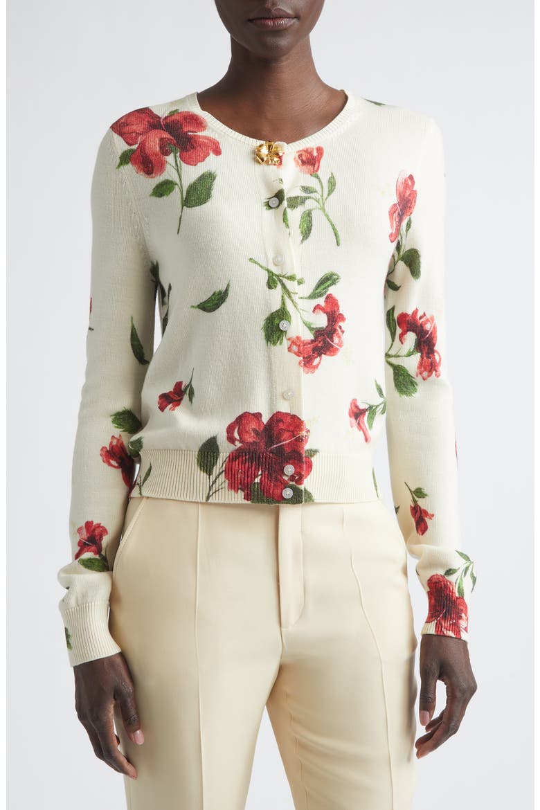 Hibiscus Print Virgin Wool Cardigan, Alternate, color, IVORY