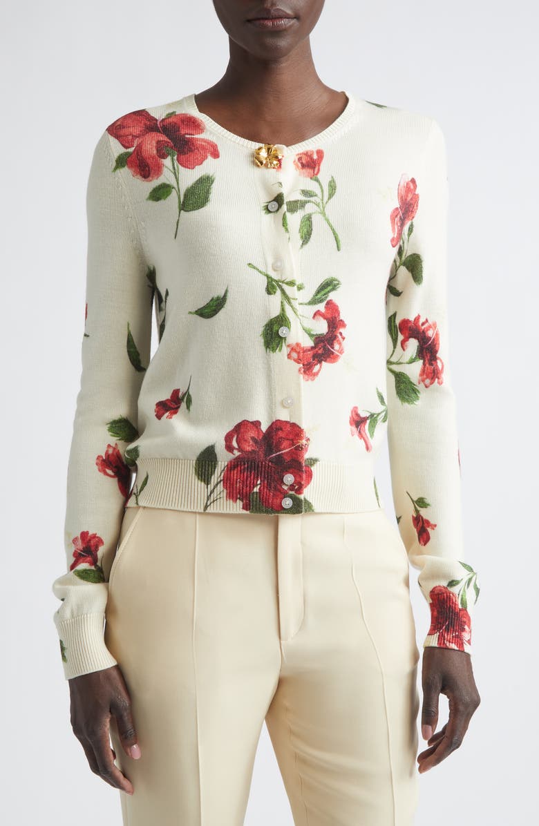 Oscar de la Renta Hibiscus Print Virgin Wool Cardigan, Alternate, color, Ivory