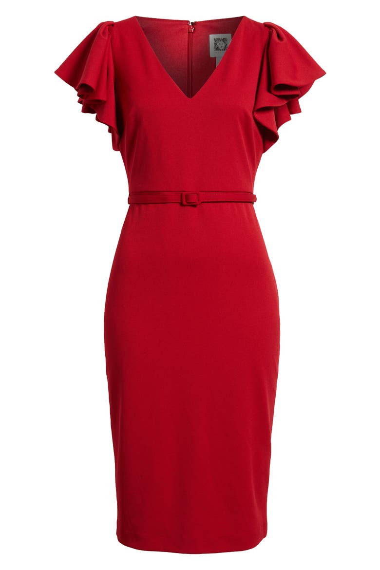Belted Flutter Sleeve Sheath Dress, Alternate, color, TITIAN RED