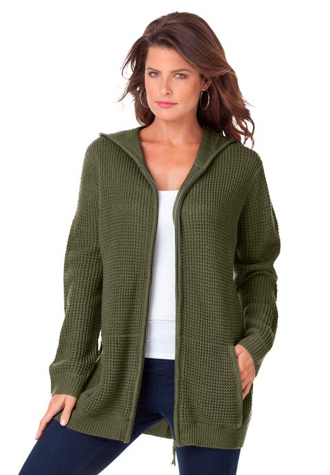 Plus Size Waffle Knit Zip-Front Relaxed Hoodie (Plus)