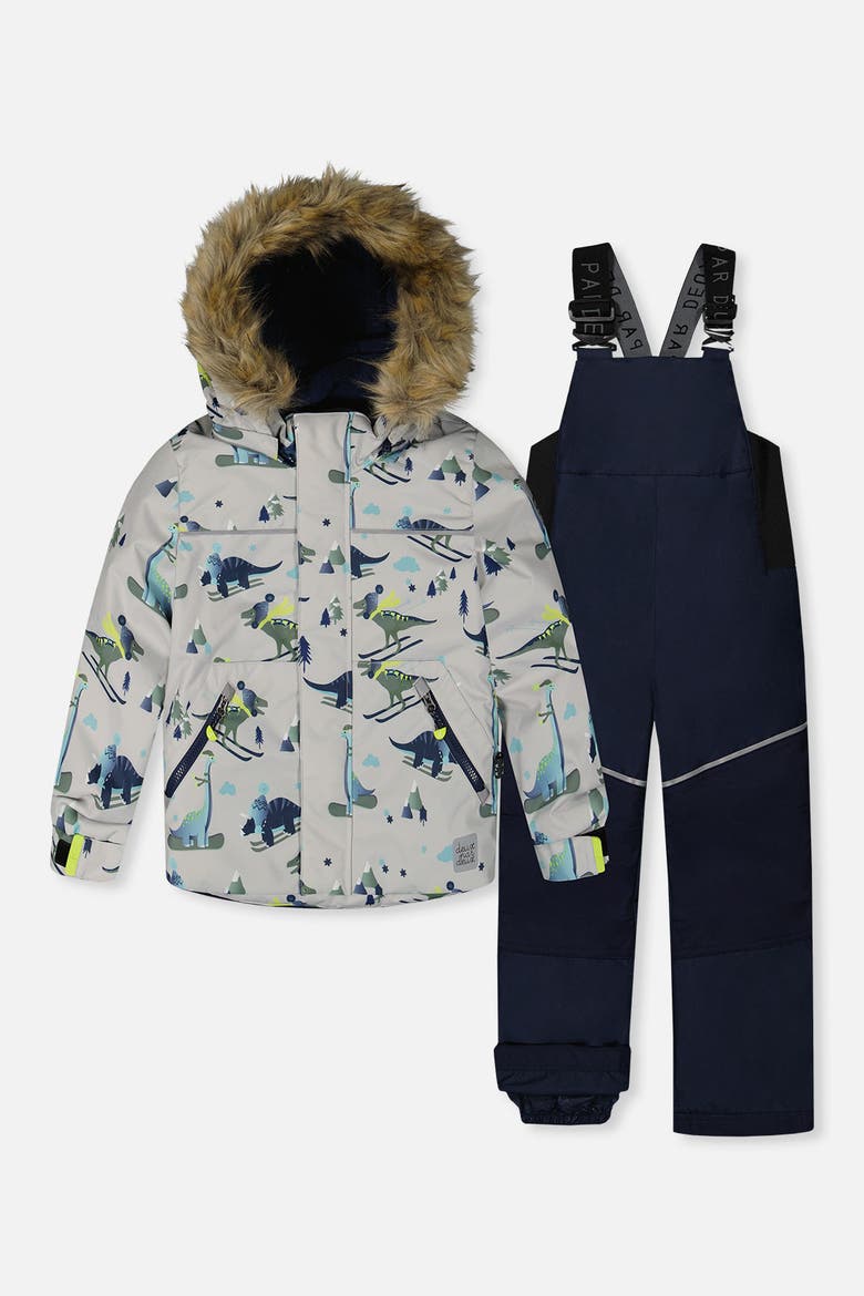 Skiing Dinosaur Discover Fleece Jacket Snow Pants Two Piece Snowsuit, Main, color, Grey Skiing Dinosaurs Print
