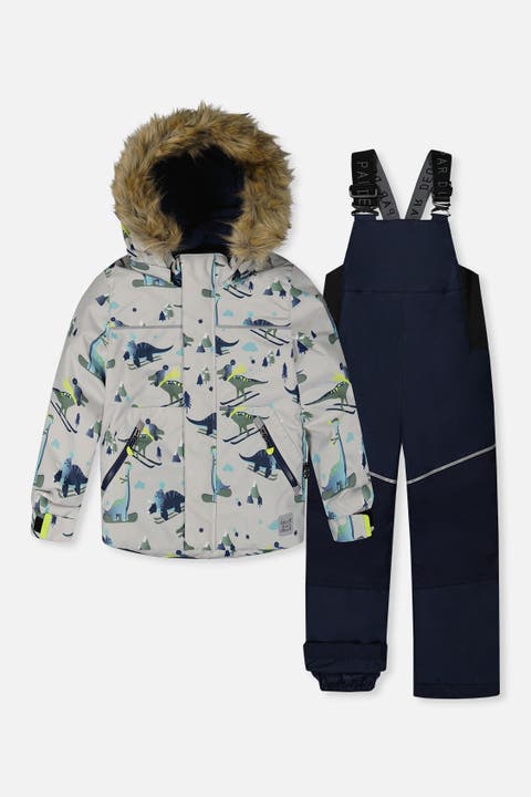 Skiing Dinosaur Discover Fleece Jacket Snow Pants Two Piece Snowsuit