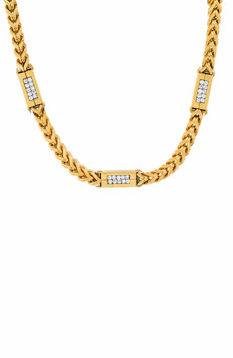 HMY JEWELRY 18k Gold Plated Stainless Steel Simulated Diamond Wheat Chain Necklace