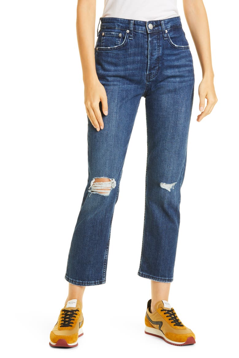 Maya Ripped High Waist Ankle Slim Straight Leg Jeans, Main, color, EMORY