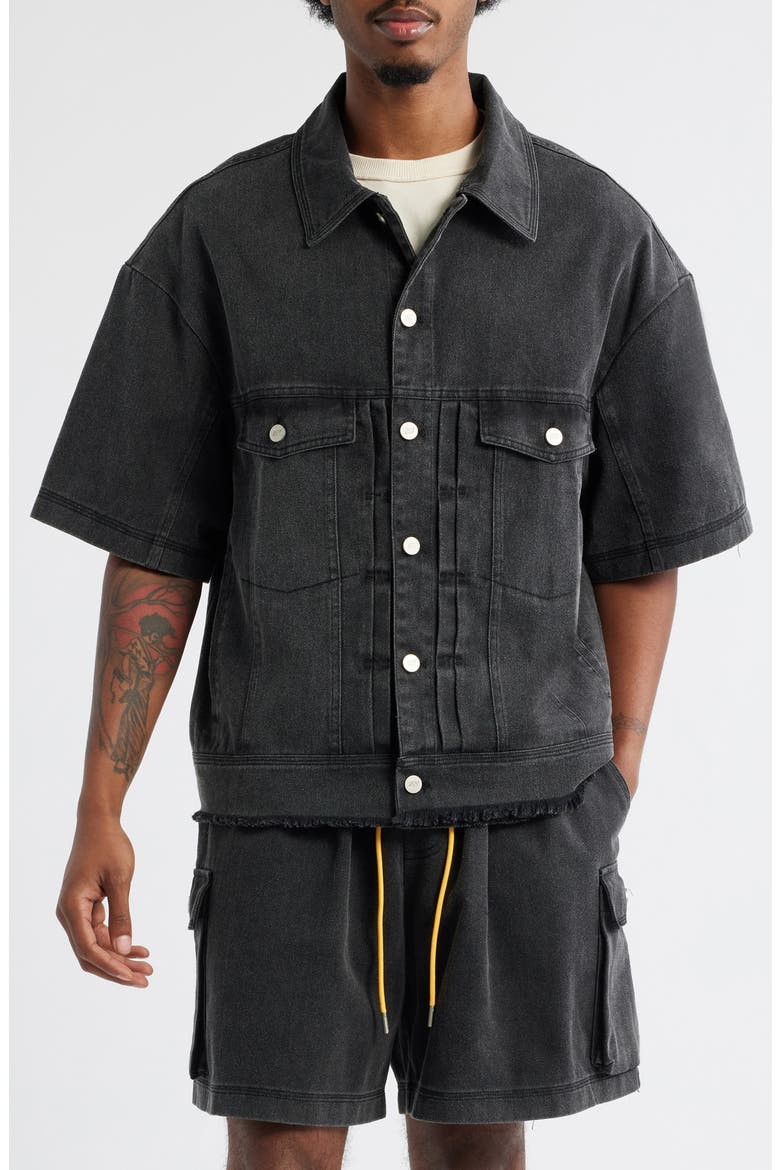 Short Sleeve Cotton Canvas Trucker Shirt Jacket, Main, color, BLACK