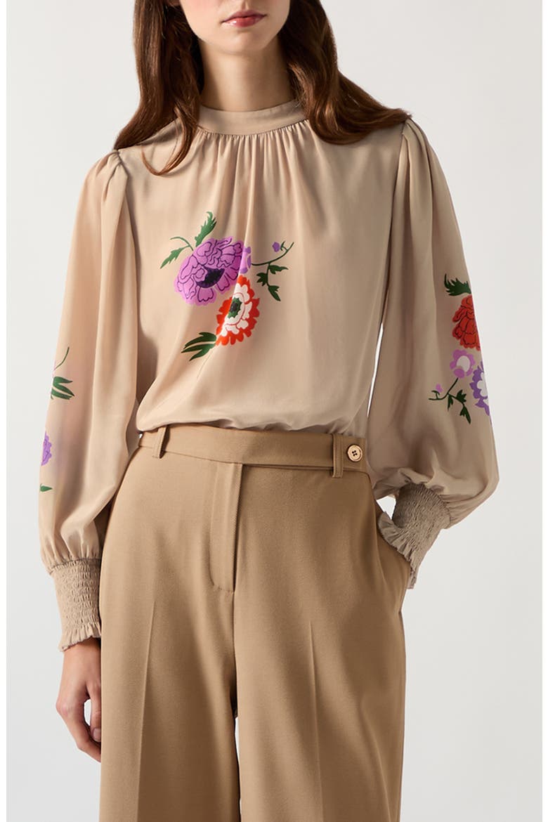 Fleur Motif Silk Top, Main, color, BROWN