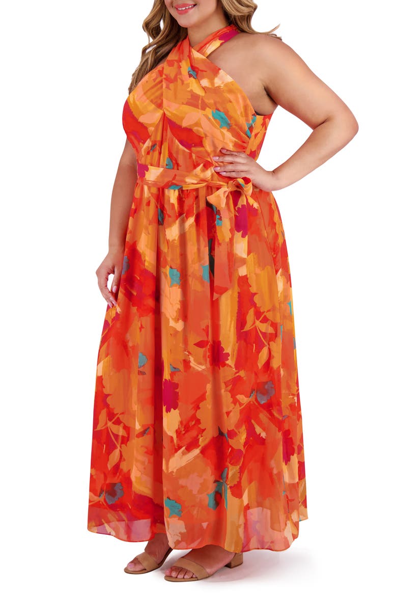 Halter Neck Sleeveless Chiffon Maxi Dress, Alternate, color, ORANGE/ RED