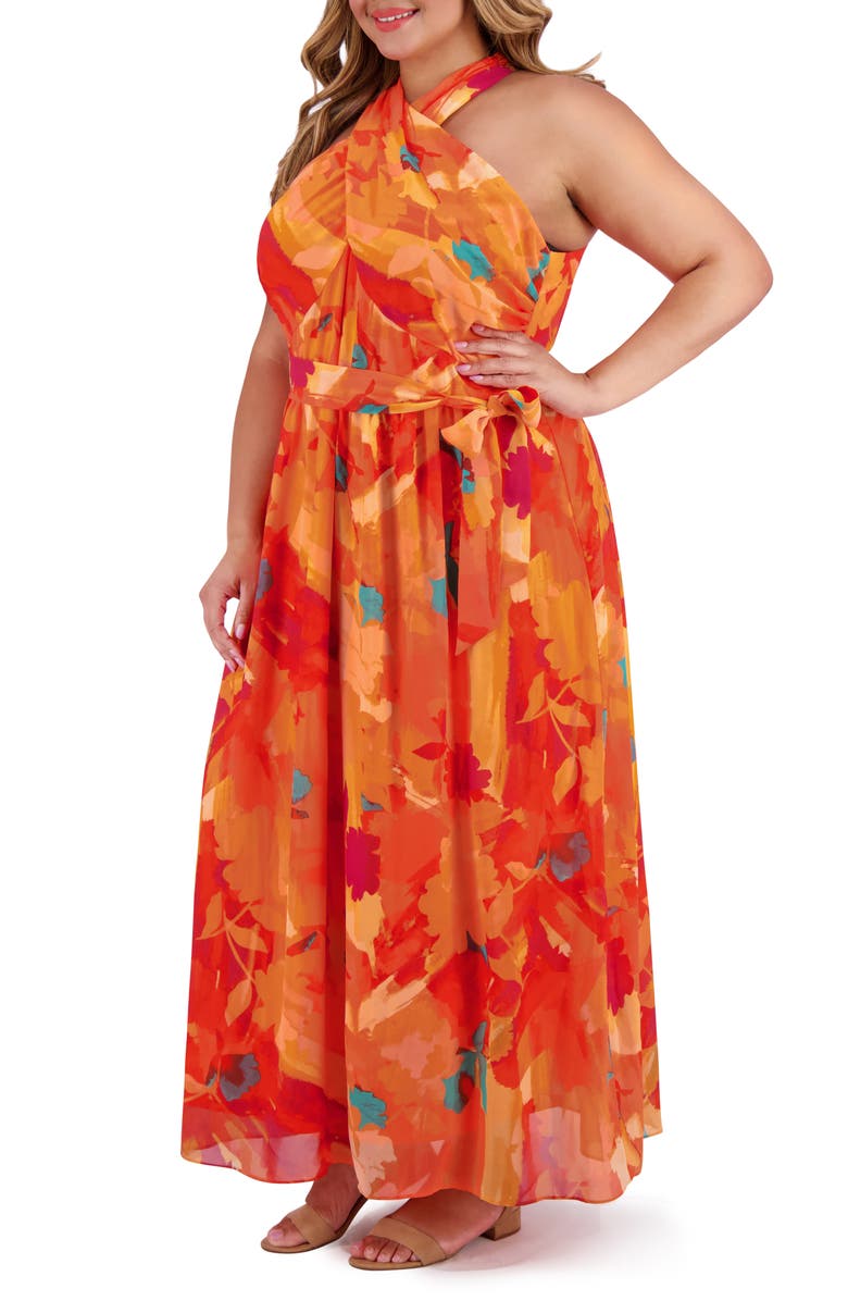 London Times Halter Neck Sleeveless Chiffon Maxi Dress, Alternate, color, Orange/ Red