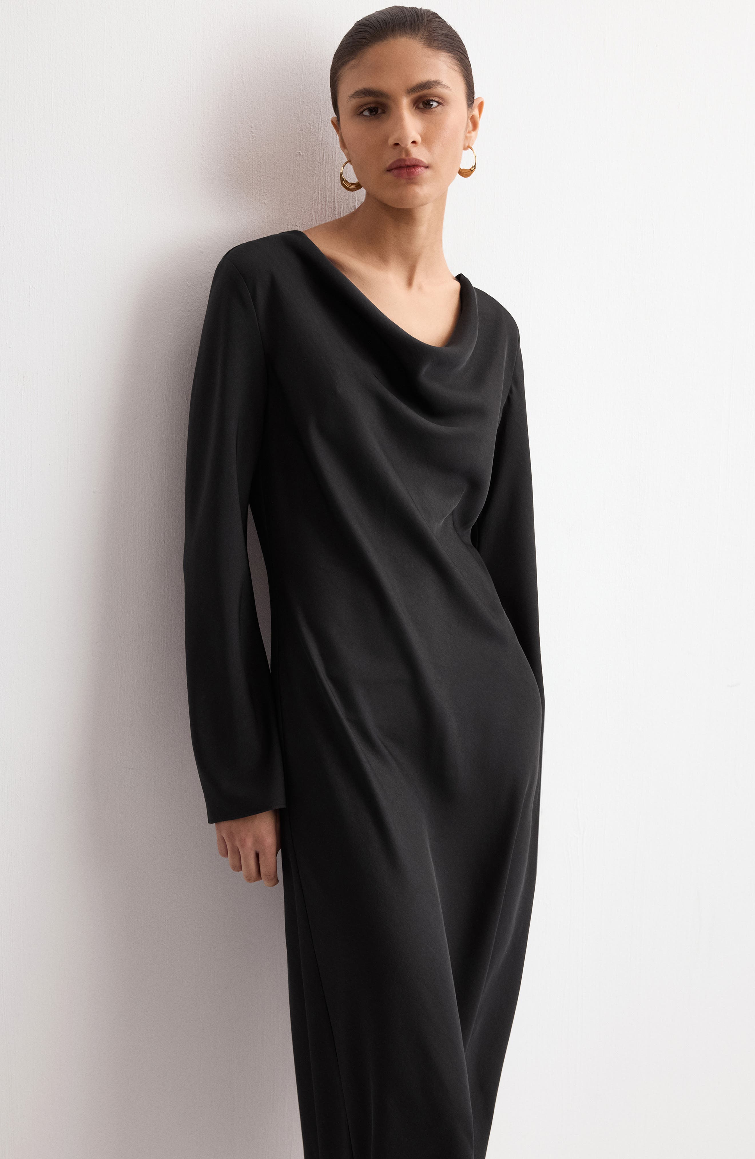 cowl neck long sleeve dress Beaujolais Neckline Ruffle Satin Mini White think delicate hoop earrings and a simple bracelet Long Sleeve Cowl Neck Detail