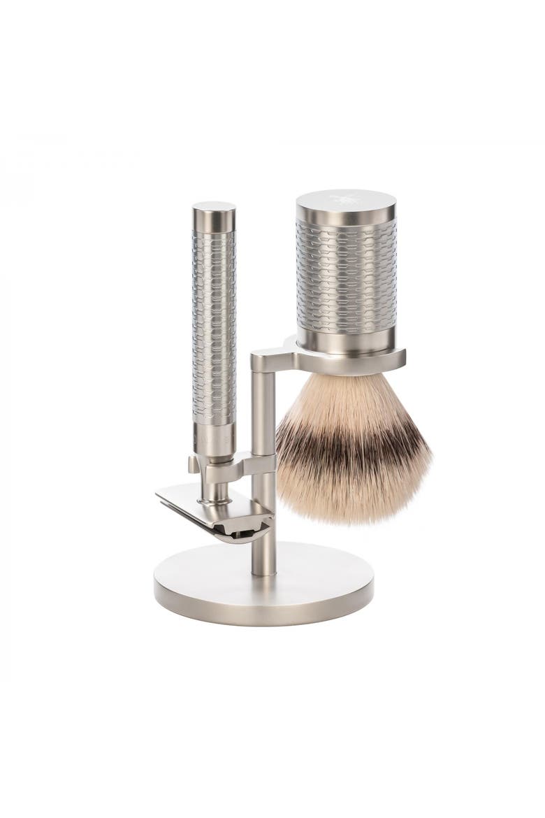 Rocca Silver Matt Stainless Steel 3-Piece Silvertip Fiber & Safety Razor Shaving Set, Main, color, Silver