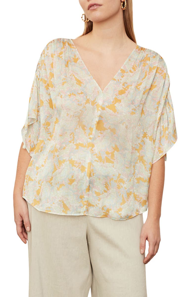 Vince Lotus Ruched Flutter Sleeve Blouse, Main, color, Warm Sand