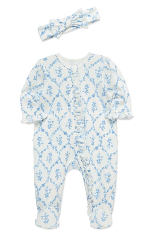 Little Me Trellis Rose Ruffle Cotton Footie & Headband Set In Blue