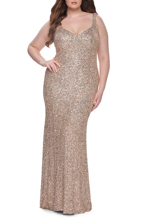 Fitted Stretch Sequin Plus Size Dress with V-Neck