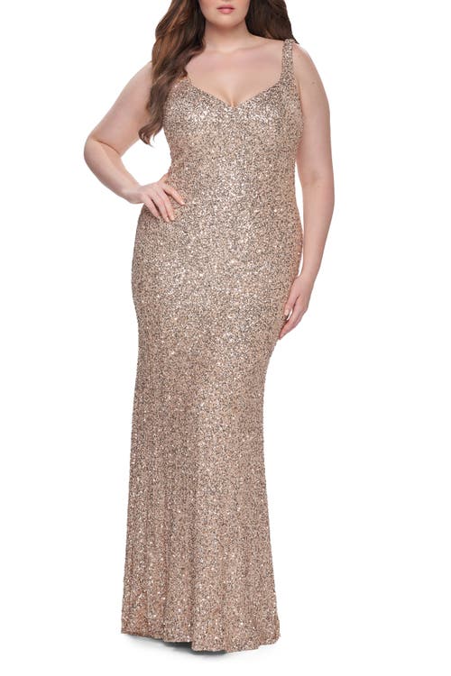 La Femme Fitted Stretch Sequin Plus Size Dress With V-neck