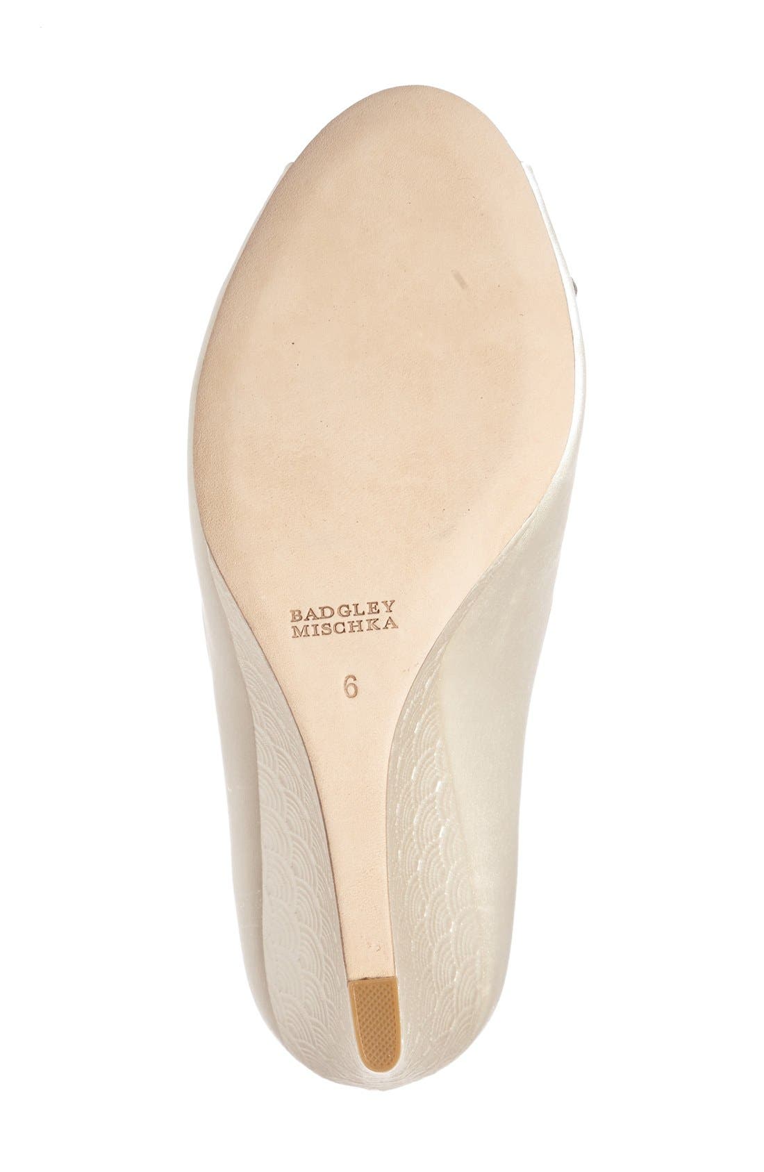 Badgley Mischka 'Dara' Crystal-Encrusted Peep-Toe Wedge, Alternate, color, IVORY SATIN