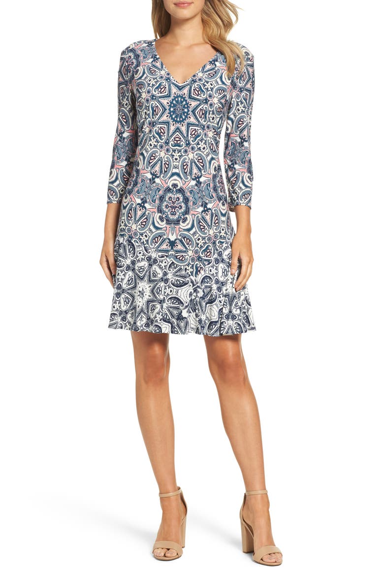 Print Knit A-Line Minidress, Main, color, TEAL