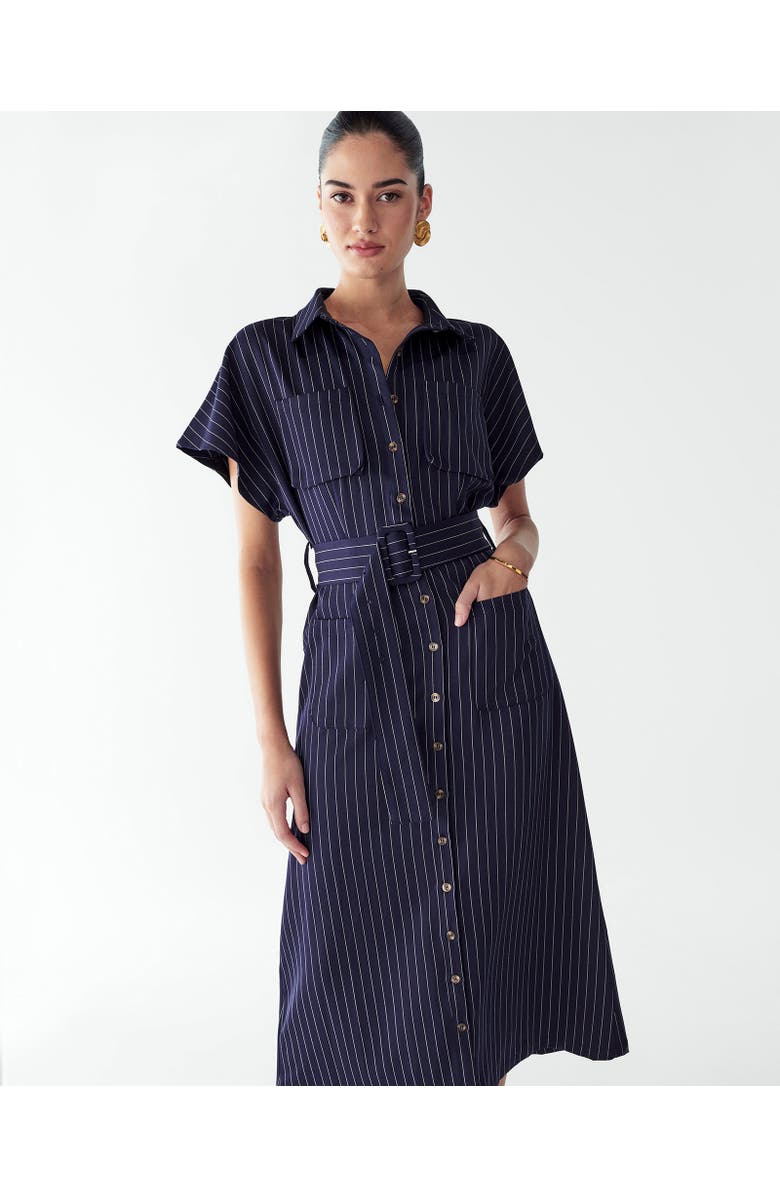 WILLA Wichita Midi Dress, Alternate, color, Navy Pinstripe