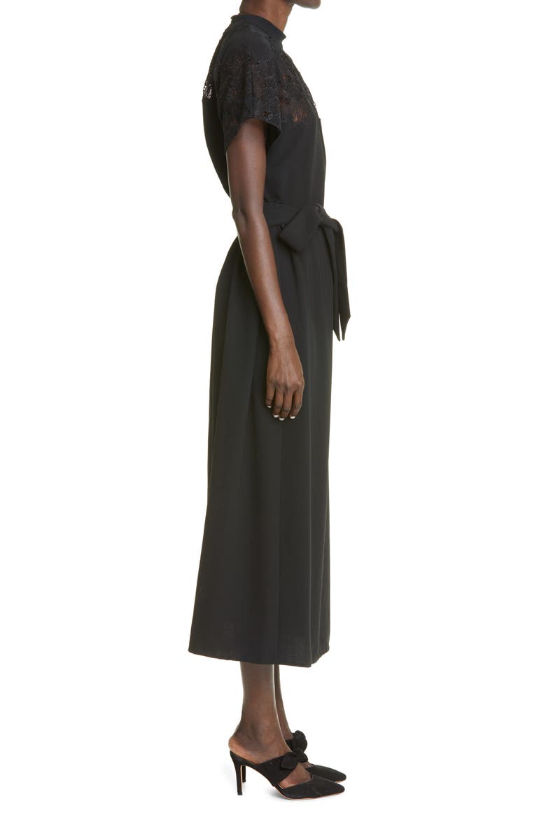 Lace Yoke Blouson Midi Dress, Alternate, color, BLACK